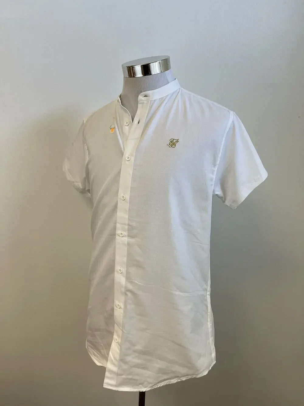 SikSilk Shirt Mens Medium Button Up Solid White Sik Silk Short Sleeve Cotton N38